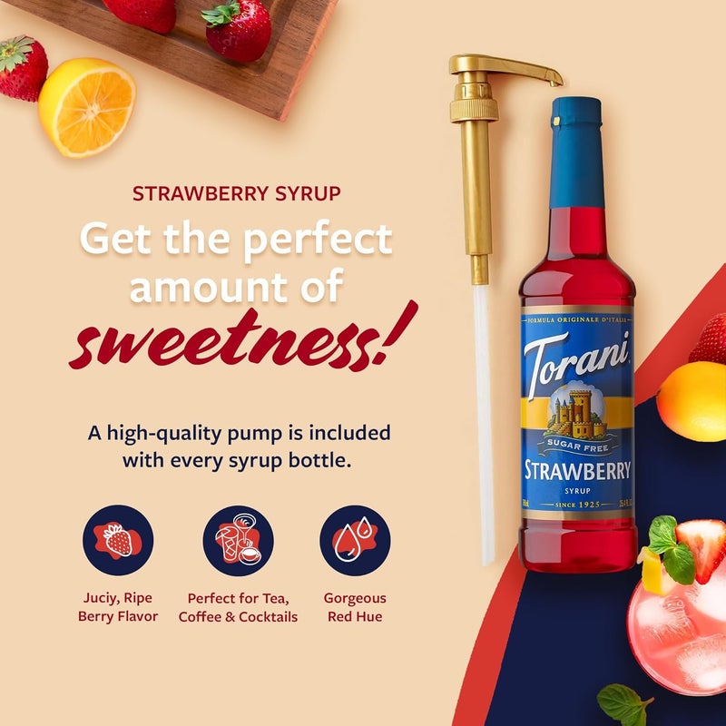 Torani Sugar Free Strawberry Syrup with Pump - Zero-Calorie Flavoring for Drinks, 25.4 Oz - Image 3