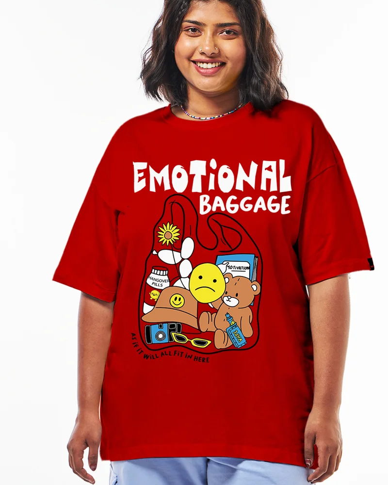 bewakoof Women's Red Emotional Baggage Graphic Printed Oversized Plus Size T-shirt