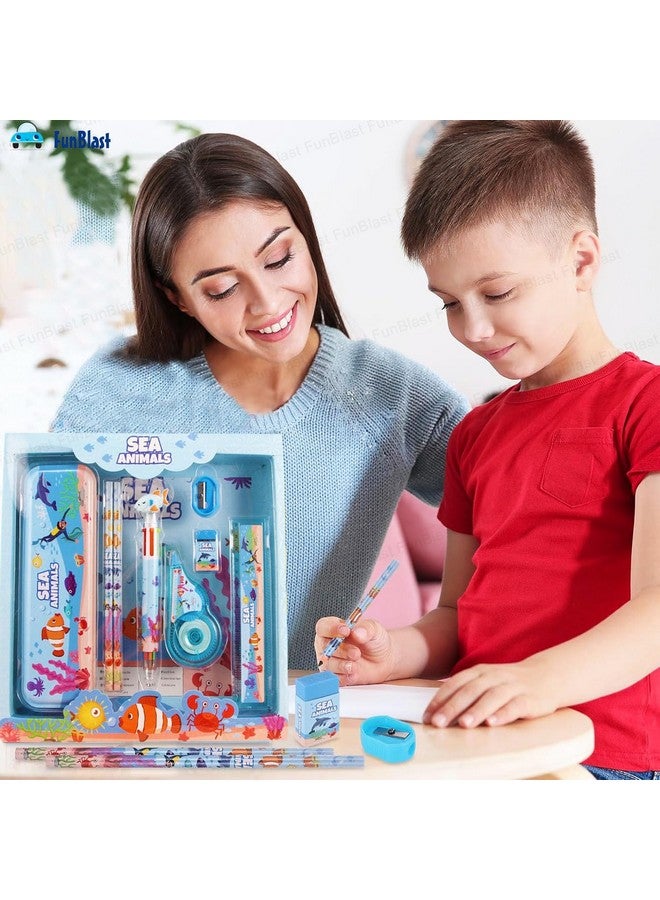 فنبلاست مجموعة أدوات مكتبية FunBlast Sea Animal Theme للأطفال - صندوق أدوات مكتبية وقلم رصاص وممحاة ومبراة وصندوق أقلام كرتونية - مجموعة أدوات مكتبية للأولاد والبنات، هدية عيد ميلاد للأطفال (متعددة الألوان) - Image 5