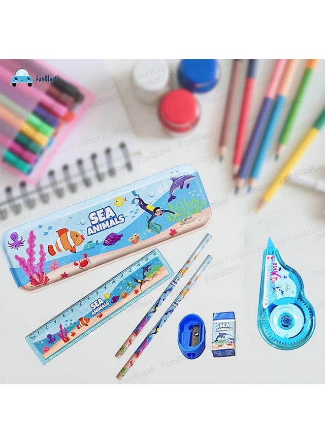 فنبلاست مجموعة أدوات مكتبية FunBlast Sea Animal Theme للأطفال - صندوق أدوات مكتبية وقلم رصاص وممحاة ومبراة وصندوق أقلام كرتونية - مجموعة أدوات مكتبية للأولاد والبنات، هدية عيد ميلاد للأطفال (متعددة الألوان) - Image 4