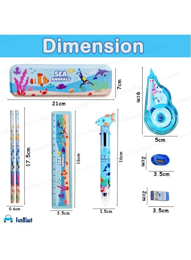 فنبلاست مجموعة أدوات مكتبية FunBlast Sea Animal Theme للأطفال - صندوق أدوات مكتبية وقلم رصاص وممحاة ومبراة وصندوق أقلام كرتونية - مجموعة أدوات مكتبية للأولاد والبنات، هدية عيد ميلاد للأطفال (متعددة الألوان) - Image 2