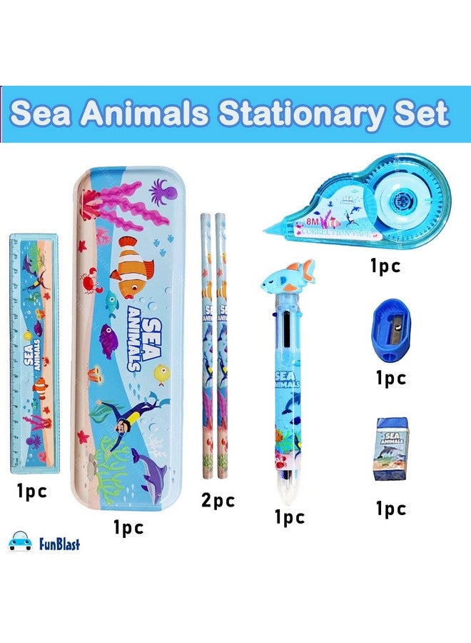 فنبلاست مجموعة أدوات مكتبية FunBlast Sea Animal Theme للأطفال - صندوق أدوات مكتبية وقلم رصاص وممحاة ومبراة وصندوق أقلام كرتونية - مجموعة أدوات مكتبية للأولاد والبنات، هدية عيد ميلاد للأطفال (متعددة الألوان) - Image 3