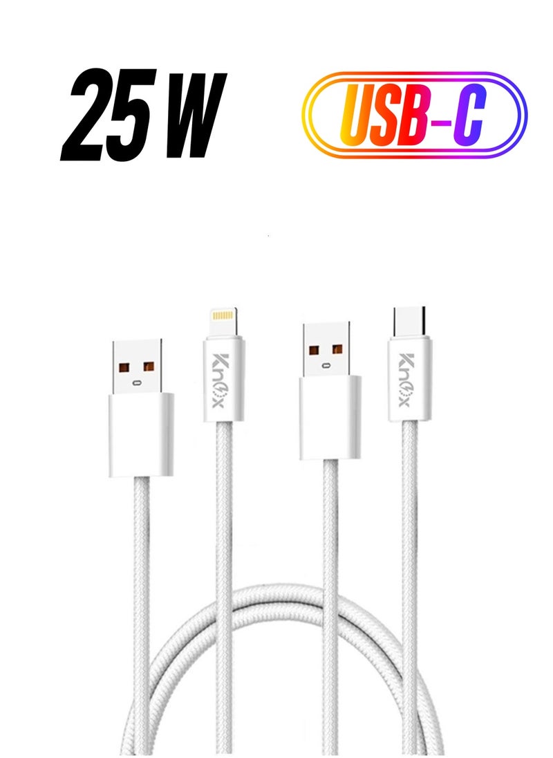 Knox Powering Generations 25W USB A to USB C and Lightning [2-Pack], Fast Charging Type C Cable for Nylon Braided Cord for iPhone 14 13 12 11 XR XS X 8 Pro, Pro Max, Plus, iPad Air/Pro iPhone 15 Samsung Galaxy S24 S23, M52, A13, A23, A53 