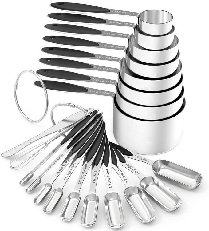 MEASURING CUPS AND SPOONS STAINLESS STEEL 20 PIECE STACKABLE SET INCLUDES 8 BLACK MEASURING CUPS 10 MEASURING SPOONS 1 LEVELER 1 WHISK FOR DRY AND LIQUID INGREDIENT