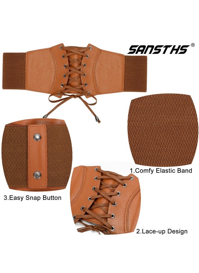 Sansths - Women Corset Belt Lace Up Wide Waist Elastic Cincher Belt For Halloween Renaissance Costume & Daily Brown - Image 1