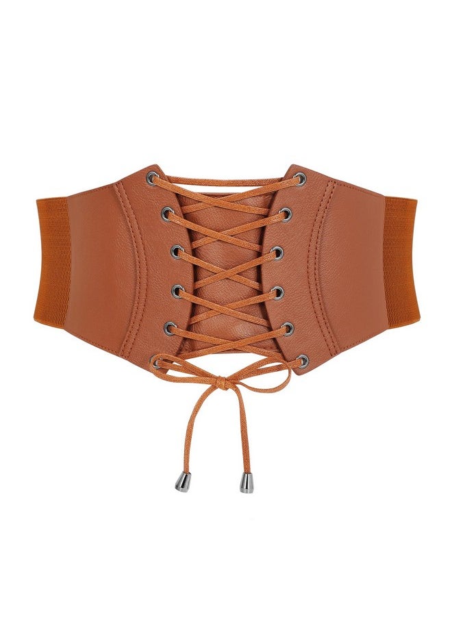 Sansths - Women Corset Belt Lace Up Wide Waist Elastic Cincher Belt For Halloween Renaissance Costume & Daily Brown - Image 1