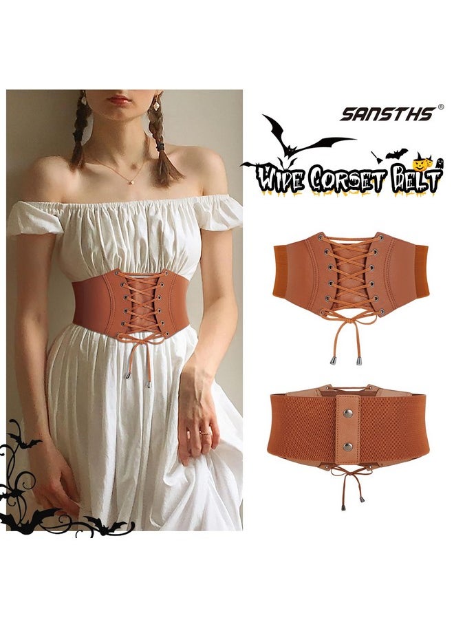 Sansths - Women Corset Belt Lace Up Wide Waist Elastic Cincher Belt For Halloween Renaissance Costume & Daily Brown - Image 1