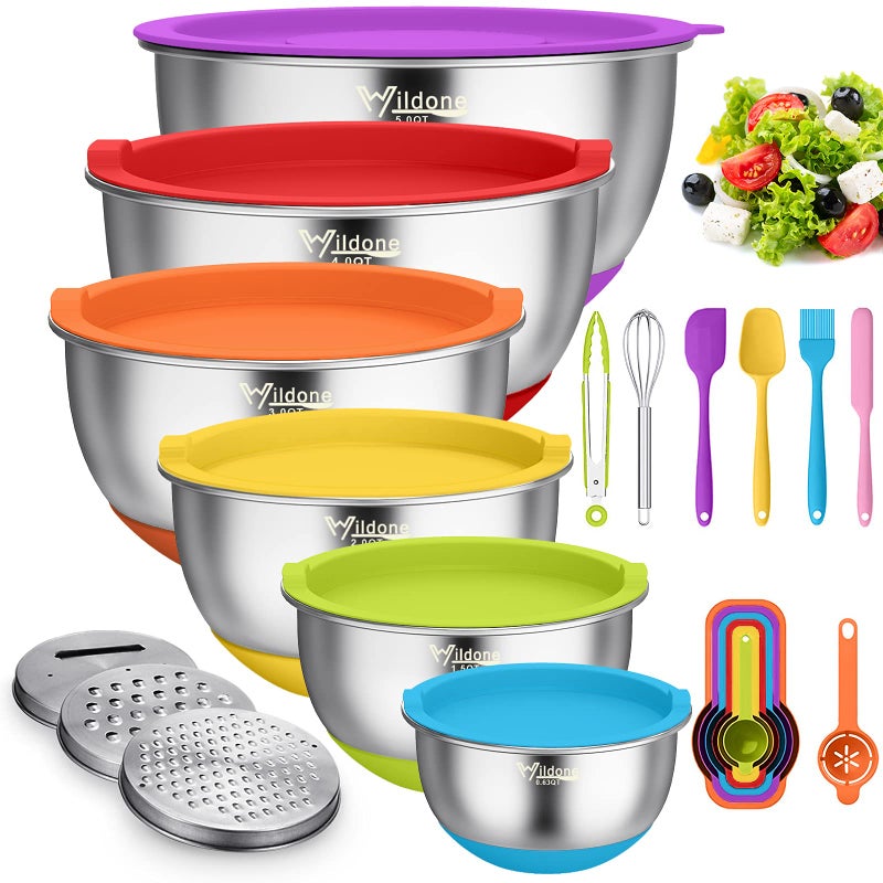Wildone Mixing Bowls with Airtight Lids 22 PCS Stainless Steel Mixing Bowls Set 3 Grater Attachments Measurement Marks NonSlip Bottom Size 5 4 3 215 063QT Ideal for Mixing Prepping