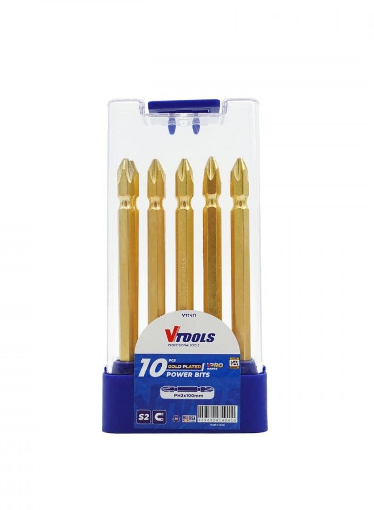 VTOOLS 10 Pieces PH2 Magnetic Screwdriver Bits Set 3/9 Inch VPRO, Gold Plated S2 Steel Precision Bits with Case, Ideal Tool for Repairing Car, Bicycle, Furniture