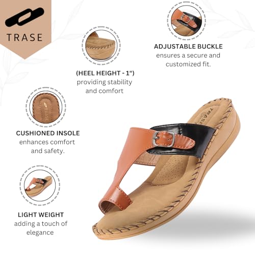 TRASE Extra Soft Slippers for Women | Orthopedic Diabetic Footwear with Cushioned Insole | Lightweight & Comfortable Ladies Chappals with Toe Ring and Adjustable Buckle (BLACK-TAN, 8 UK) - Image 2