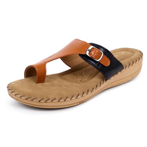 TRASE Extra Soft Slippers for Women | Orthopedic Diabetic Footwear with Cushioned Insole | Lightweight & Comfortable Ladies Chappals with Toe Ring and Adjustable Buckle (BLACK-TAN, 8 UK) - Image 1