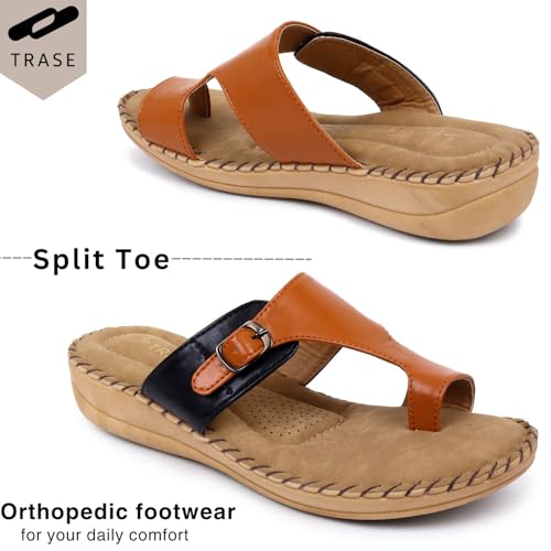 TRASE Extra Soft Slippers for Women | Orthopedic Diabetic Footwear with Cushioned Insole | Lightweight & Comfortable Ladies Chappals with Toe Ring and Adjustable Buckle (BLACK-TAN, 8 UK) - Image 4