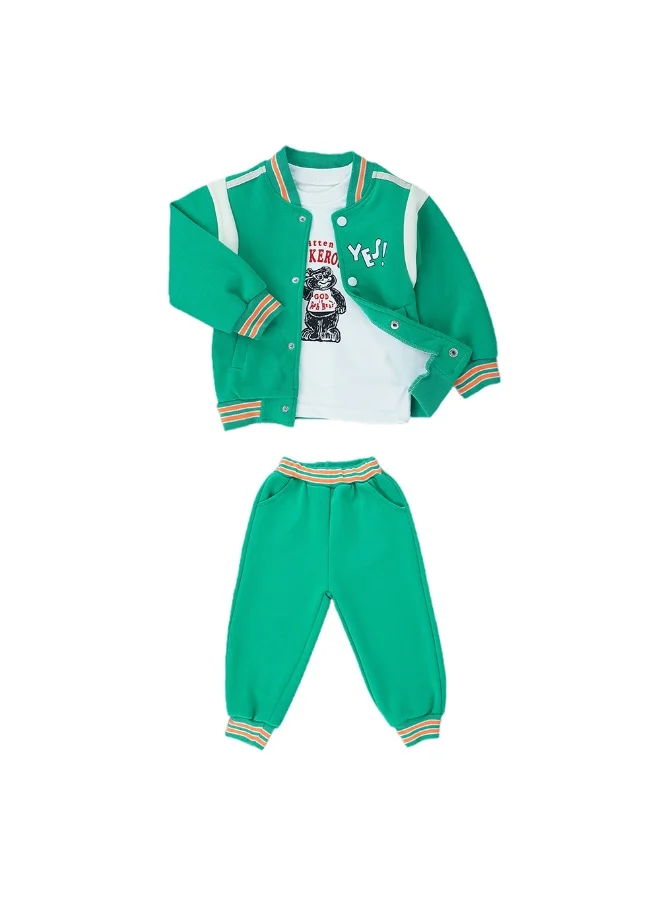 LITTLE SURPRISE BOX 3pcs Green & Orange Varsity Jacket with matching Tracks for toddler and Kids-3-4Y