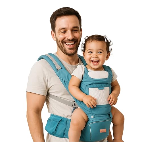 Motherly Embrace Baby Carrier with Detachable Hip Seat – English Blue | 6-in-1 Adjustable Hands-Free Carrier for 0 to 2 Year Baby | Infant & Toddler Carrier with Head Shield & Buckle Straps - Image 1