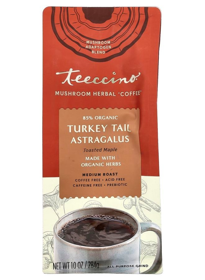teeccino Mushroom Herbal Coffee Turkey Tail Astragalus Toasted Maple Medium Roast Caffeine Free 10 oz (284 g)