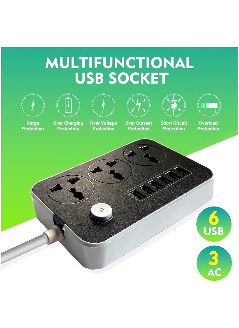 LIMOS Electric Extension Power Strip Black/White 150x97x30mm with 3 Outlets and 6 USB Ports - Universal Charging Socket with 2M Bold Extension Cord  - Image 2
