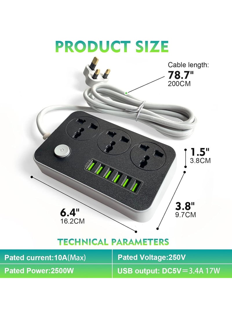 LIMOS Electric Extension Power Strip Black/White 150x97x30mm with 3 Outlets and 6 USB Ports - Universal Charging Socket with 2M Bold Extension Cord  - Image 4