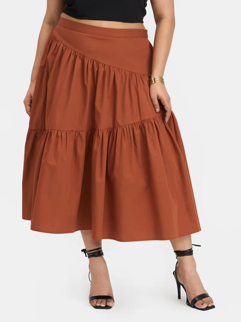 Virgio Solid Cotton Tiered Midi Plus Size Skirt for Women