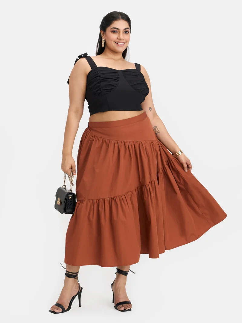 Virgio Solid Cotton Tiered Midi Plus Size Skirt for Women