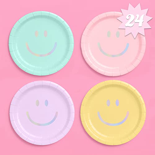 xo Fetti Smiley Paper Plates  24 pk 9  Happy Pastel Birthday Party Decorations Cute Bachelorette Party Cool Cake Plates