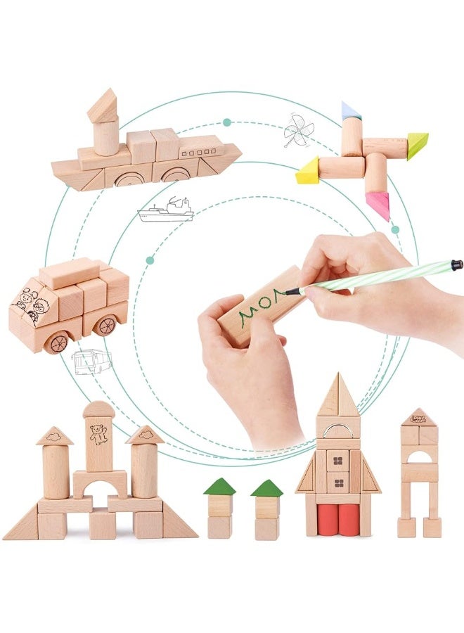 iLearn مجموعة كتل البناء الخشبية للأطفال iPlay, iLearn، لعبة تعليمية من الخشب الطبيعي للأطفال الصغار، وحدة قلعة من الطوب الخشبي الكبير، هدية لفصل رياض الأطفال للأطفال من 2 3 4 5 6 8 سنوات من الأولاد والبنات - Image 5