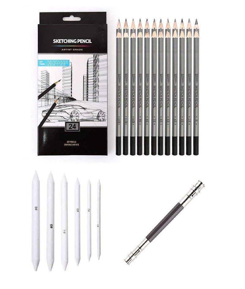 URBAN BOX URBAN BOX Set of 24 Degree Graphite Pencil14B12B10B9B8B7B6B5B4B3B2BBHBFH 9H With Set of 6 White Paper Art Blending Stumps and One 13cm Twin Side Pencil Extender  - Image 1