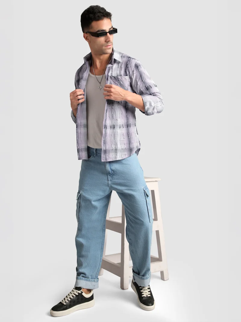 Beyoung Lilac Frayed Check Shirt
