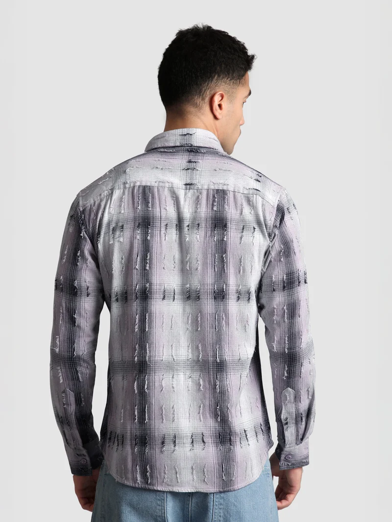 Beyoung Lilac Frayed Check Shirt
