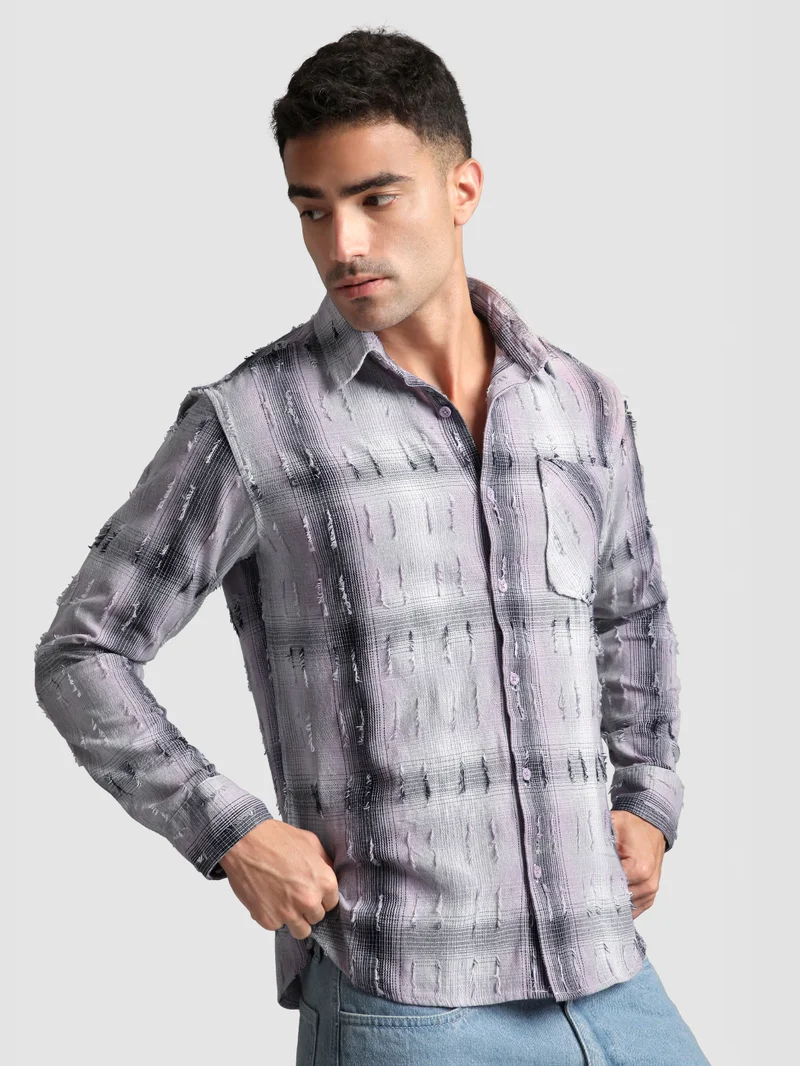 Beyoung Lilac Frayed Check Shirt