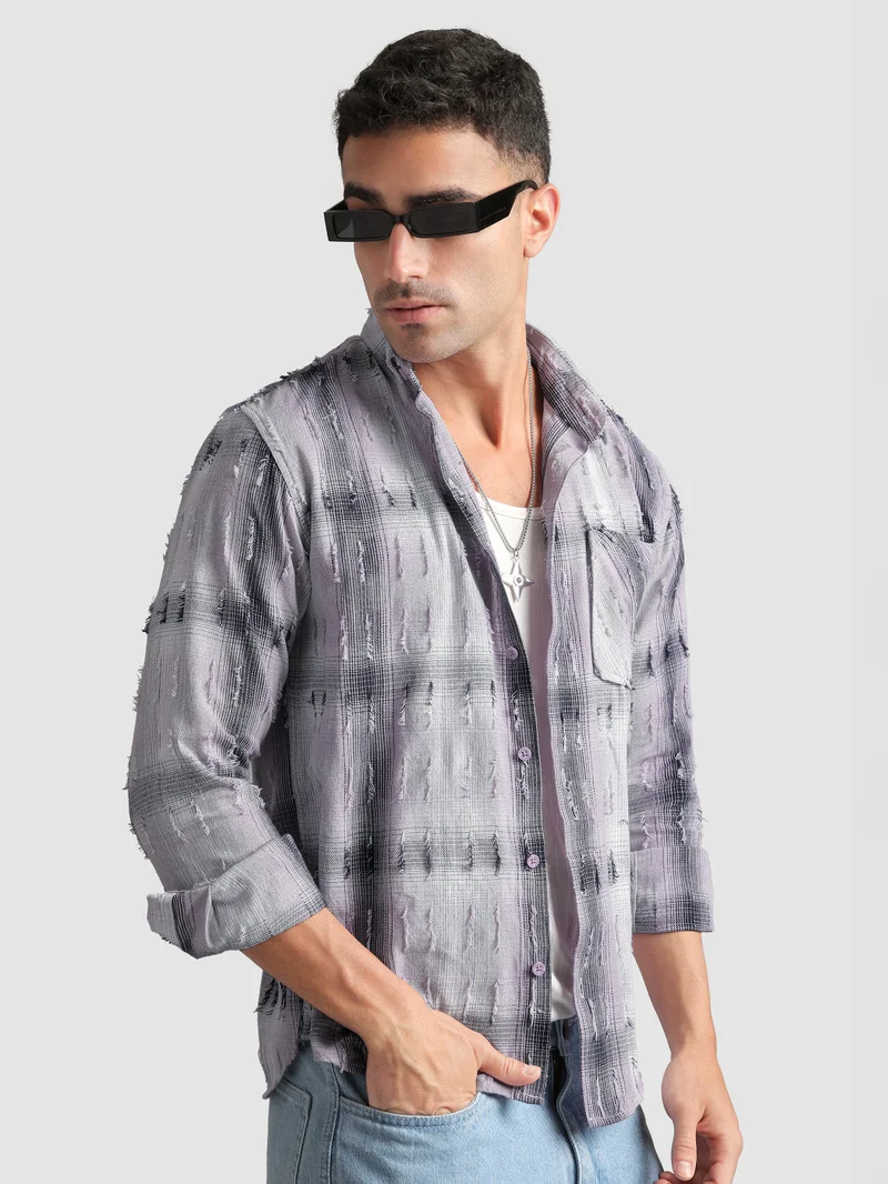 Beyoung Lilac Frayed Check Shirt