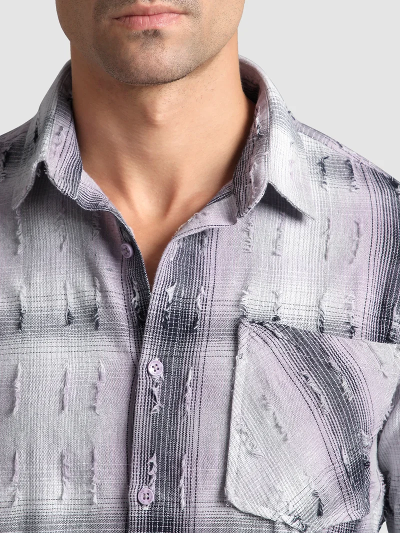 Beyoung Lilac Frayed Check Shirt