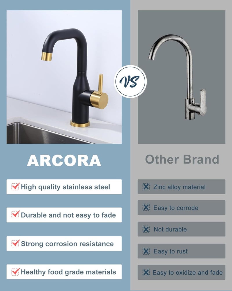 Arcora Bar Sink Faucet Single Hole: Black and Gold Wet Bar Faucets - Prep Sink Faucet 360 Swivel - Small Kitchen Bathroom Faucet with cUPC Supply Lines - Image 4
