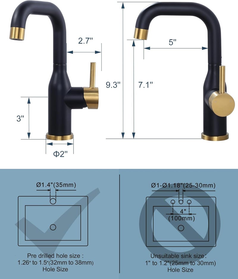 Arcora Bar Sink Faucet Single Hole: Black and Gold Wet Bar Faucets - Prep Sink Faucet 360 Swivel - Small Kitchen Bathroom Faucet with cUPC Supply Lines - Image 5