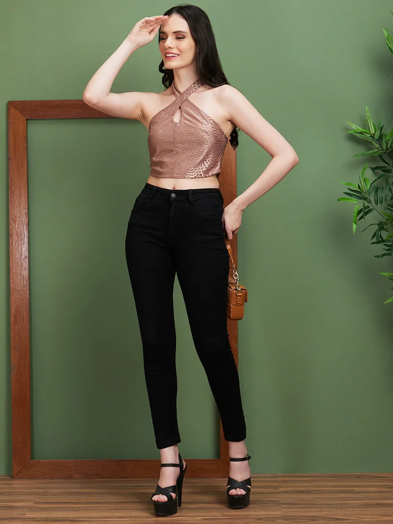 globus Women Brown Self Design Halter Neck Net Crop Top
