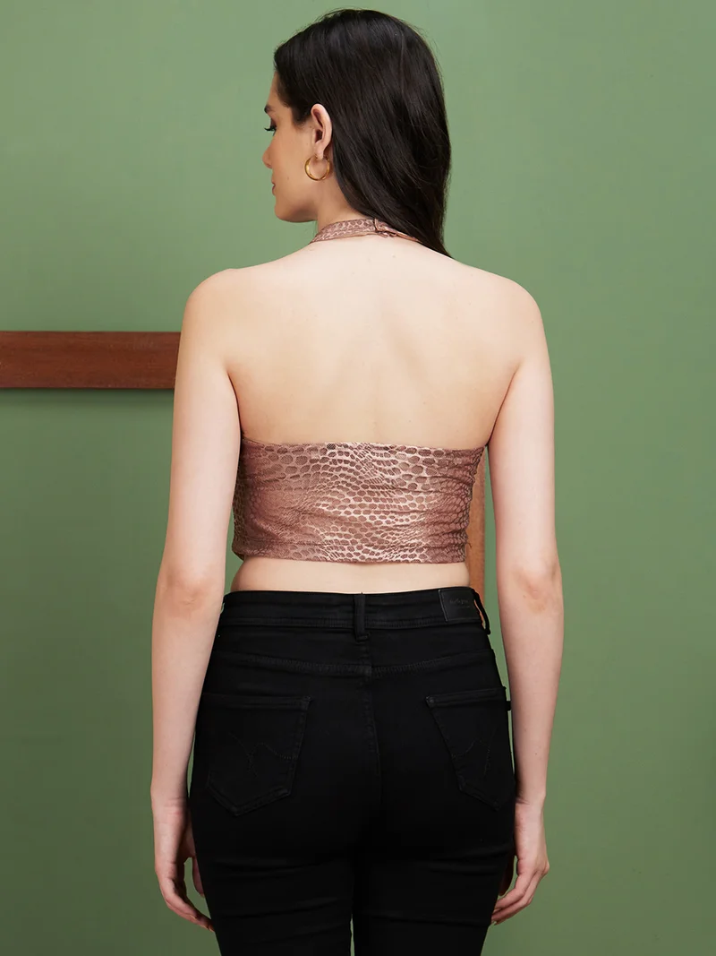 globus Women Brown Self Design Halter Neck Net Crop Top