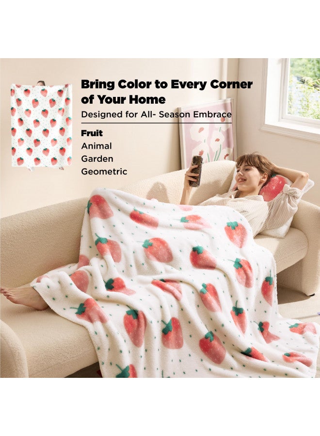 Bedsure Bedsure Cute Strawberry Throw Blanket Pink - Aesthetic White Fleece Blanket for Girls Boys Teens Kids as a Gift, Soft Cozy Fruit Pattern Blankets for Couch Sofa Bed Camping, 50x60  - Image 2