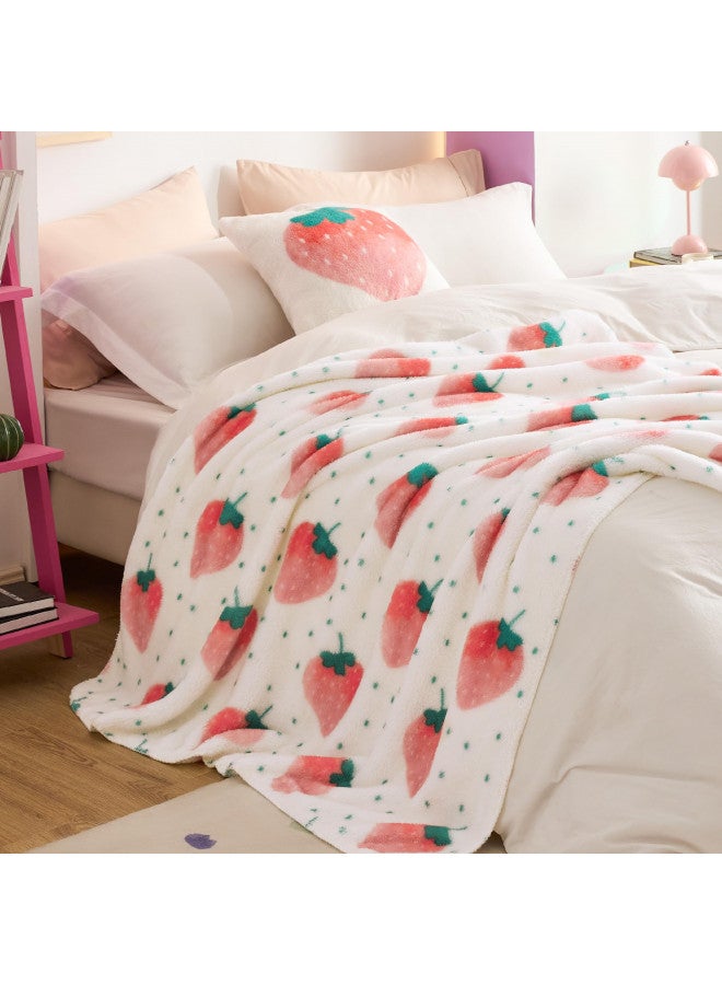 Bedsure Bedsure Cute Strawberry Throw Blanket Pink - Aesthetic White Fleece Blanket for Girls Boys Teens Kids as a Gift, Soft Cozy Fruit Pattern Blankets for Couch Sofa Bed Camping, 50x60  - Image 4