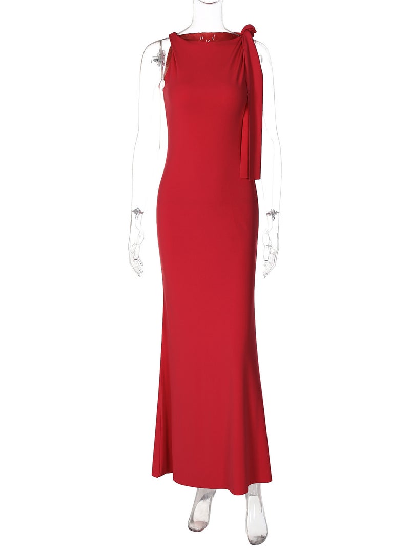 Women's One-Shoulder Ribbon Tie Solid Color A-Line Dress Summer 2026 – Slim Fit Sleeveless Mid-Waist