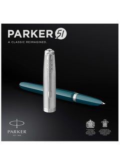 PARKER Parker 51 Fountain Pen | Teal Blue Barrel With Chrome Trim | Medium Nib With Ink Cartridge | Gift Box | 9867, 2123507  - Image 2