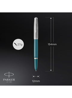 PARKER Parker 51 Fountain Pen | Teal Blue Barrel With Chrome Trim | Medium Nib With Ink Cartridge | Gift Box | 9867, 2123507  - Image 3