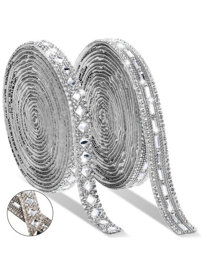 Juinte 6 Yards Self Adhesive Rhinestone Ribbons 2 Styles Diamond Ribbon Crystal Ribbon Roll Bling Diamond Rhinestone Ribbon Crystal Car Sticker Gem Sticker For Diy Art Crafts Car Phone Decoration (Silver) - Image 1