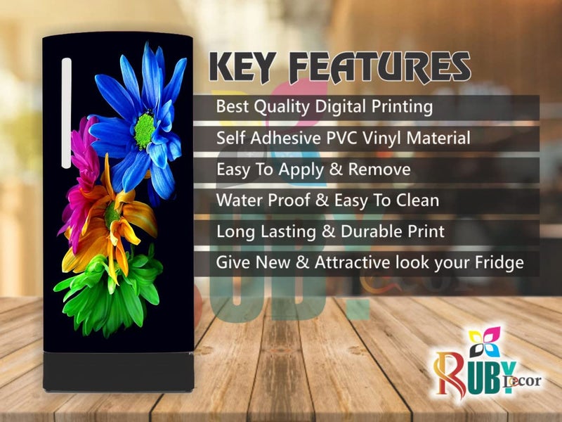 Ruby Décor Decorative Beautifull Multicolor Flowers Plant with Leaf Best Design Refrigerator Door Sticker PVC Vinyl Fridge Wrap Sticker for Home (120 cm x 60 cm or 48 X 24 Inches)