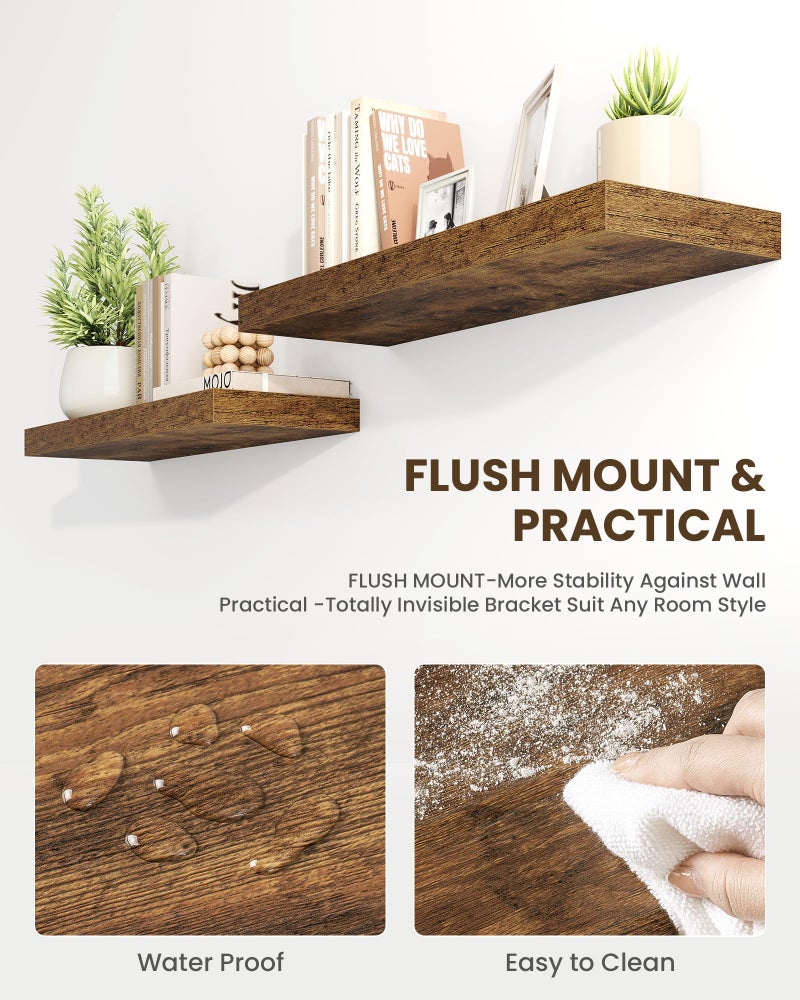 Marsmiles 72" Floating Shelves for Wall, Wooden Shelves with Invisible Brackets Set of 2, Rustic Farmhouse Wall Mounted Shelf for Kitchen Bathroom Living Room Study, Rustic Brown - Image 3