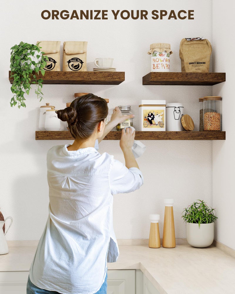 Marsmiles 72" Floating Shelves for Wall, Wooden Shelves with Invisible Brackets Set of 2, Rustic Farmhouse Wall Mounted Shelf for Kitchen Bathroom Living Room Study, Rustic Brown - Image 5