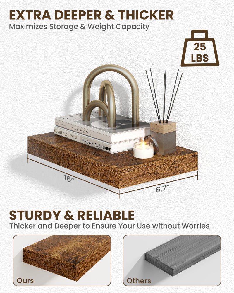 Marsmiles 72" Floating Shelves for Wall, Wooden Shelves with Invisible Brackets Set of 2, Rustic Farmhouse Wall Mounted Shelf for Kitchen Bathroom Living Room Study, Rustic Brown - Image 4