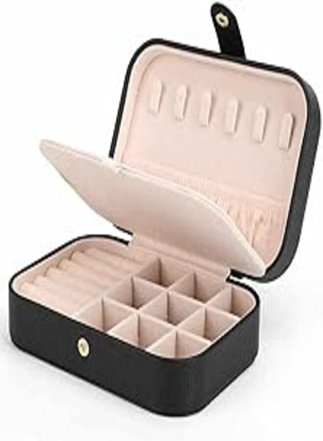 Small jewelry box for women girls, PU leather Travel Jewelry Organizer Case, Portable Jewellary Storage Holding Display for Ring Earrings Necklace Bracelet Watch Men Kids Gift (black)