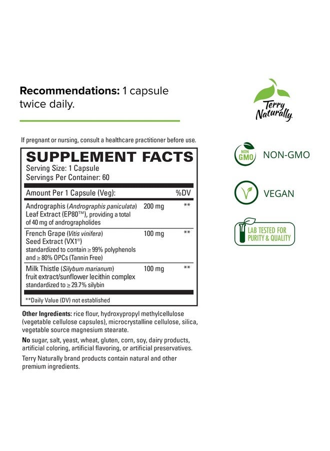 Terry Naturally Healthy Liver 60 Capsules With Milk Thistle Andrographis Ep80  French Grape Seed Extract Vx1 Nongmo Vegan 60 Servings - Image 3