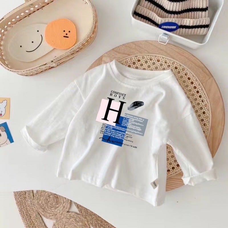 Children'S Long-Sleeved Cotton T-Shirt White Boys' And Girls' Smiley Base Shirt Baby'S Inner Jacket Children'S Wear T-Shirt - Image 1