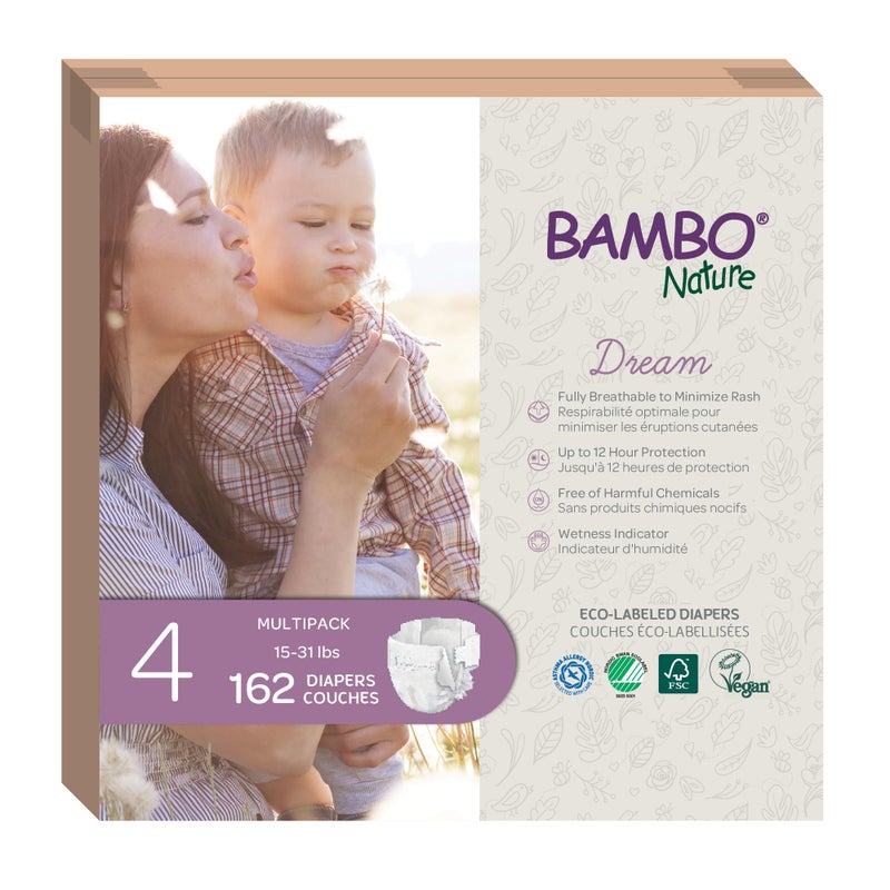BAMBO NATURE حفاضات بامبو ناتشر المضادة للحساسية للأطفال، حفاضات مستدامة مع علامة بيئية، حماية معززة من التسرب، خالية تمامًا من الكلور، صديقة للبشرة، وامتصاص فائق - الحجم 4 (162 قطعة) - Image 1