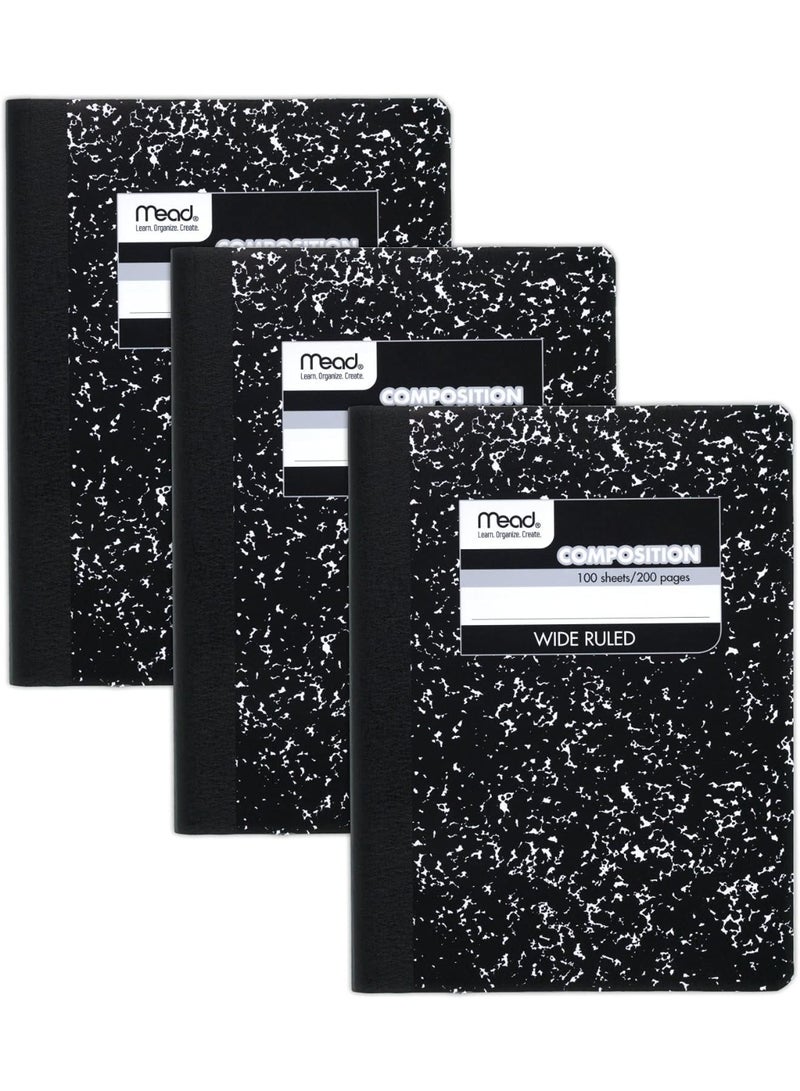 Mead Composition Notebooks, 3 Pack, Wide Ruled Paper, 9-3/4" x 7-1/2", 100 Sheets per Comp Book, Black Marble (38301)